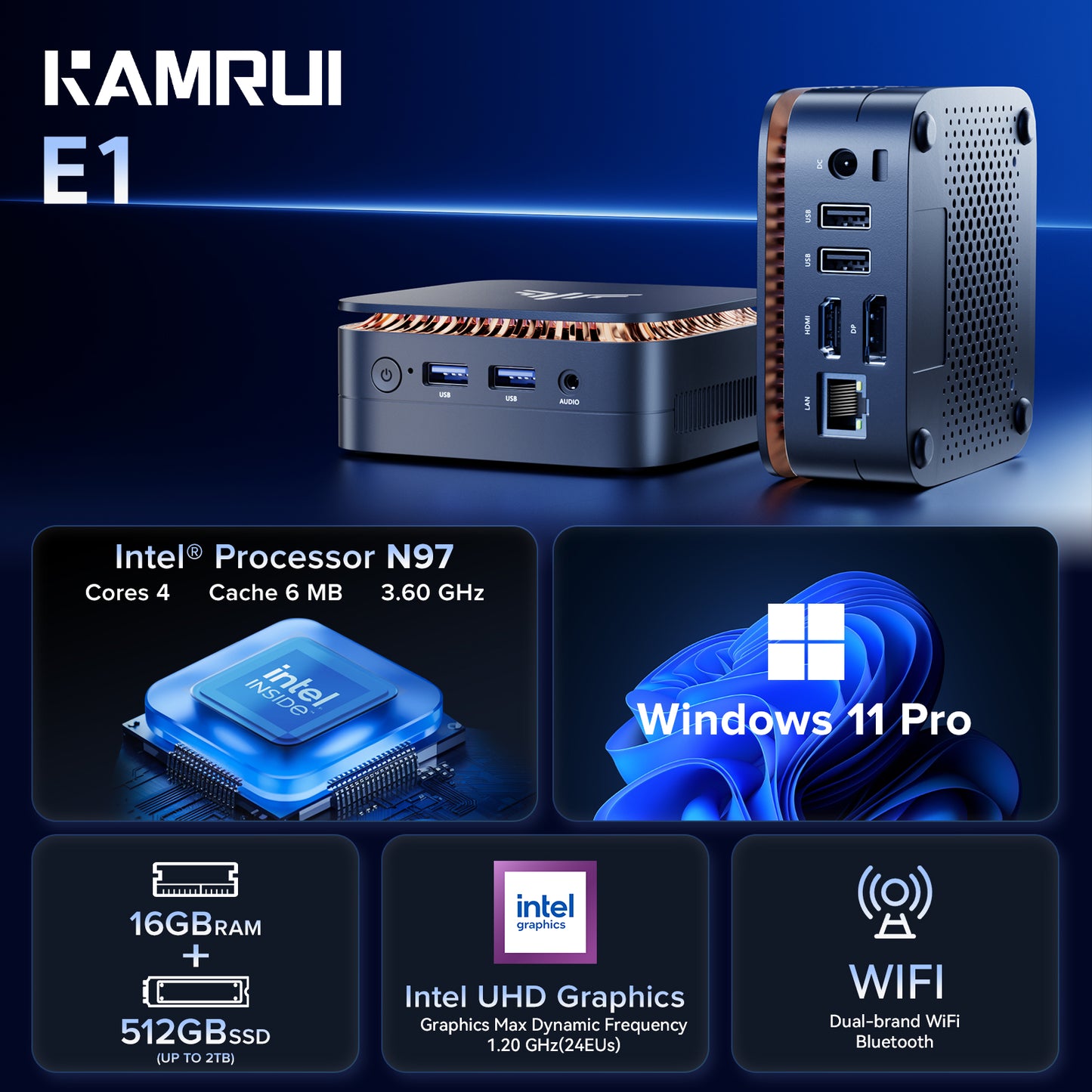 KAMRUI Essenx E1 Mini Computer with Intel Processor N97, Mini Desktop PC 16GB DDR4 512 GB M.2 SSD, Desktop Computer with Dual 4K Display, Ethernet, WiFi, Bluetooth