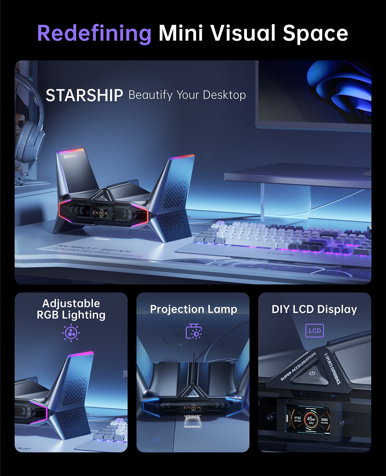 STARSHIP Desktop Gaming PC, Intel i9-12900H up to 5.0GHz, GeForce RTX 3070M 16GB, Mini PC Gaming 32GB DDR5 1TB PCIe3.0*4 SSD, WiFi 6, BT5.2, Dual 2.5G LAN/8K Triple Display/USB4/LCD/logo projection
