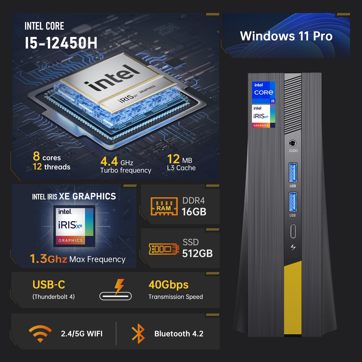 Mini PC AD15 intel i5 11500B up to 4.6GHz 16GB DDR4 512GB NVME SSD Mini Computers, Small Desktop Tower Gaming PC Support WiFi6/BT5.2/Type C/HDMI/Fan/4K/Office/Gaming