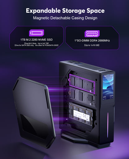 Mini PC Intel N100 CPU (up to 3.6 GHz), 16GB DDR4 RAM 512GB 15W TDP S1 Mini Computer with DIY LCD Screen, Vertical Mini Desktop PC with RGB Light, WiFi 6/BT 5.2/4K/Dual LAN for HTPC/Office